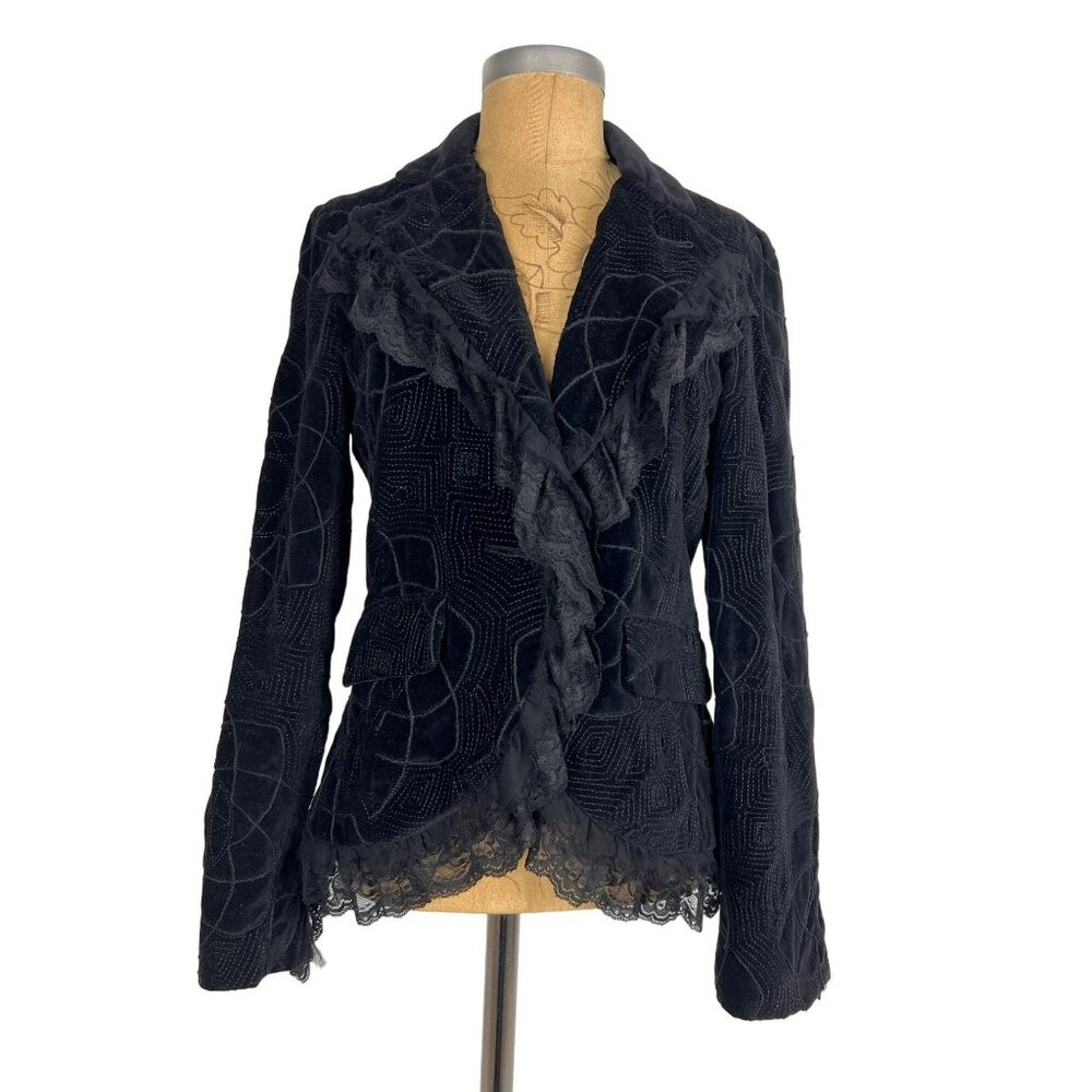 Vintage Sheri Bodel Black Authentic Blazer Unique Jacket with Ruffle Lace Trim f